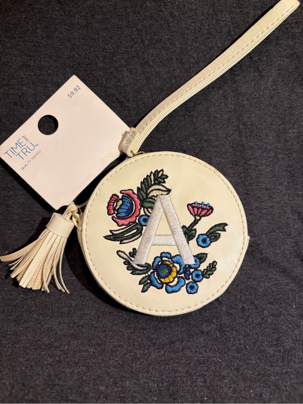 Time and Tru Cream Round Wristlet with Embroidered Floral 'A' - NEW
